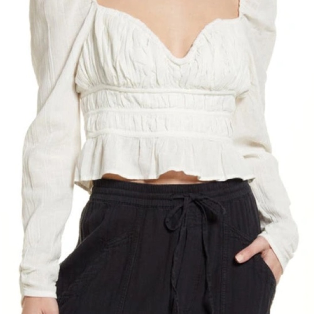 Free‎ People boho Chloe Long Sleeve Top Smocked White Ruffle WHITE COTTAGE CORE